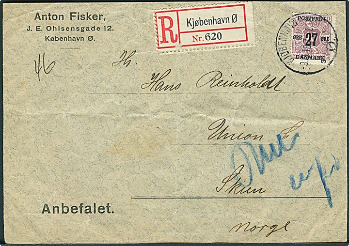 27/10 øre Provisorium single på anbefalet brev fra Kjøbenhavn d. 9.10.1918 til Skien, Norge. 