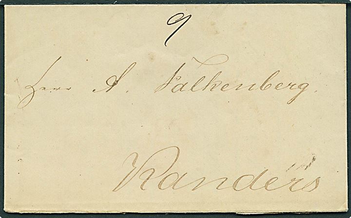 1841. 18 sk. francobrev m. antiqua Kjøbenhavn d. 30.10. 1841 til Randers. 9 rbs gebyr for indlevering 1-2 timer efter normal åbningstid.