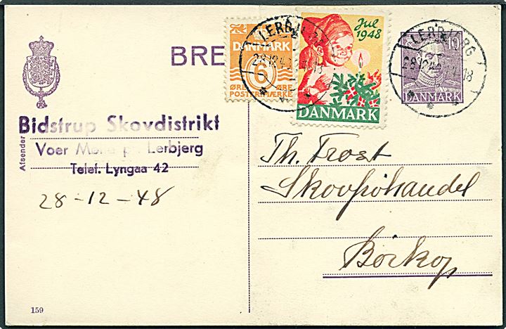 10 øre Chr. X helsagsbrevkort (fabr. 159) opfrankeret med 6 øre Bølgelinie og Julemærke 1948 fra Lerbjerg d. 28.12.1948 til Børkop. Overfrankeret med 1 øre.