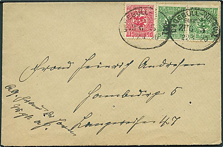 5 pfg. (par) og 10 pfg. Fælles udg. på brev fra Wyk/Föhr annulleret med bureaustempel Dagebüll - Niebüll Zug 5 d. 22.4.1920 til Hamburg. Nålehuller.