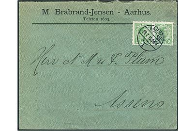 5 øre Chr. X i parstykke på brev annulleret med brotype IIa Aarhus I d. 28.7.1915 til Assens. Vanskeligt stempel.