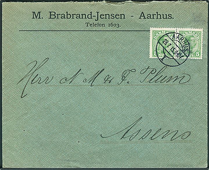 5 øre Chr. X i parstykke på brev annulleret med brotype IIa Aarhus I d. 28.7.1915 til Assens. Vanskeligt stempel.