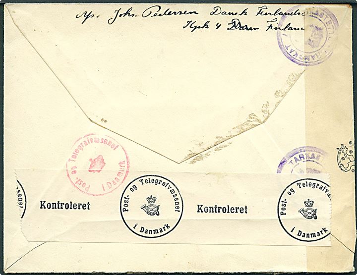 Ufrankeret feltpostbrev ca. 1942 med violet Fältpost F fra dansk frivillig Johs. Pedersen i Dansk Finlands Legion, KpK 4 til Glostrup, Danmark. Åbnet af både finsk og dansk censur. 