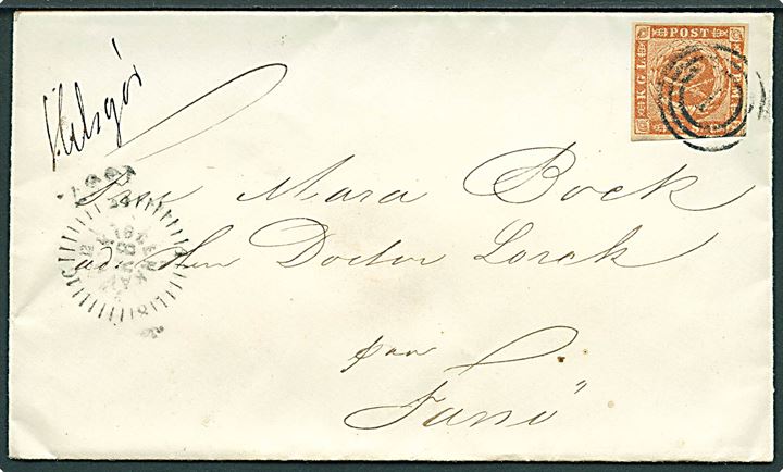 4 sk. 1854 udg. på dampskibsbrev med håndskrevet by-navn Helsingør annulleret med nr.stempel “1” og side-stemplet kompasstempel Kjøbenhavn KB d. 8.8.1857 til Fanø. God destination.