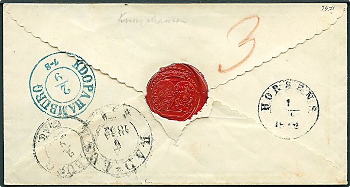 1852. Sirbrev sendt som portobrev m. 1½-ringsstempel Horsens d. 1.9.1852 via K.D.O.P.A. Hamburg til Bad Ems, i Herzogtum Nassau. Mange portopåtegninger, analyse vedlagt. Dekorativ forsendelse.