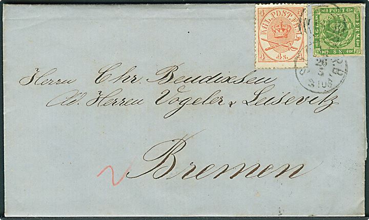 8 sk. 1858 udg. og 4 sk. Krone/Scepter på 12 sk. brev fra Kjøbenhavn annulleret med kombineret nr.stempel “181” /SJ.JB.P.SP.B. d. 26.5.1866 via Lübeck til Bremen. På-skrevet “2” med rødkridt. 
