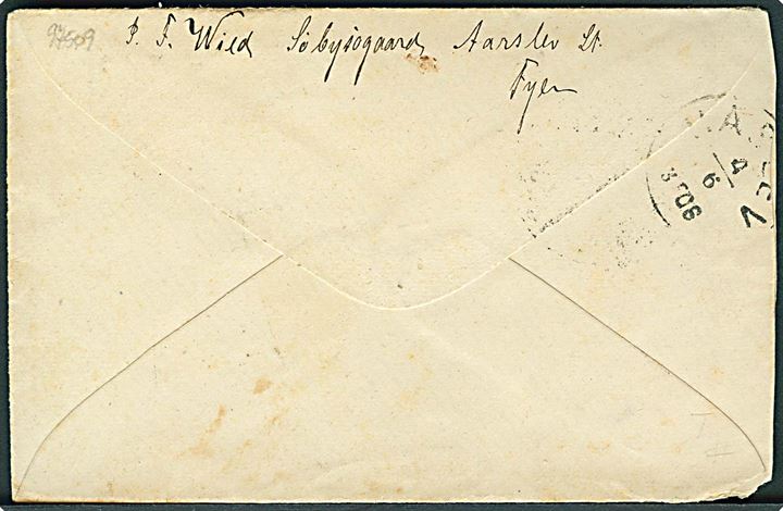 8 øre Tofarvet på brev fra Søbysøgaard annulleret med rammestempel Aarslev og sidestemplet lapidar Odense - Svendborg d. 3.6. ca. 1885 til Haslev. 