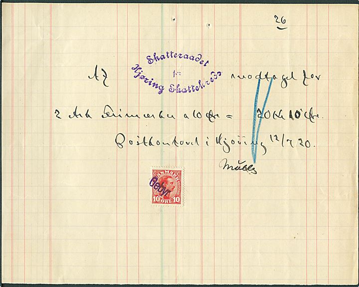 10 øre Chr. X annulleret med stempel Gebyr på hånd-skrevet kvittering for indkøb af frimærker i Hjørring d. 12.7.1920.