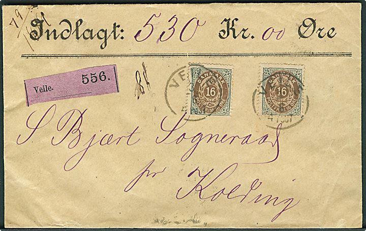16 øre Tofarvet 11. tryk (2) på værdibrev annulleret med laipdar Veile d. 3.6.1889 til Sønder Bjært Sogneraad pr. Kolding. 