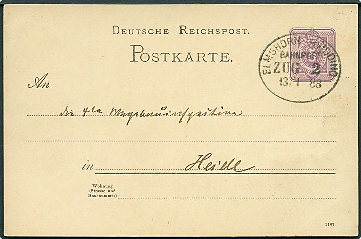 5 pfg. helsagsbrevkort fra Tönning annulleret med smukt bureaustempel Elmshorn - Hvidding Bahnpost Zug 2 d. 13.1.1888 til Heide. 17 dage tidligere end registreret i DAKA. Godt stempel.