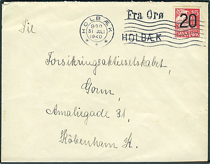 20/15 øre Provisorium på brev annulleret Holbæk d. 31.7.1940 og sidestemplet “Fra Orø” og “HOLBÆK” til København. Uvist hvorfor liniestempel “HOLBÆK” er blevet benyttet. Interessant.