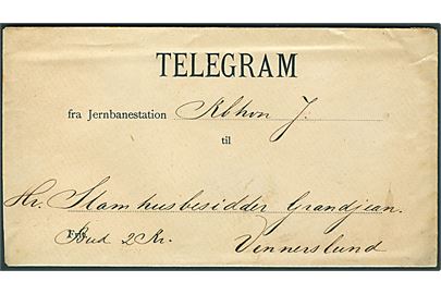 Lolland-Falsterske Jernbane Telegram til Vennerslund pr. Nr. Alslev påskrevet “Bud 2 Kr.”. Indeholder telegram-formular med meddelelse fra Kjøbenhavn d. 6.9.1889 og anvisning: “Post, hvis forsent Bud”. 