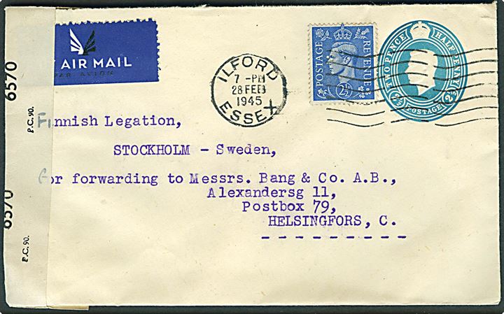 Britisk 2½d helsagskuvert opfrankeret med 2½d George VI sendt som luftpost fra Ilford d. 28.2.1945 til Finnish Legation i Stockholm, Sverige til videresendelse til Helsingfors, Finland. Åbnet af britisk censur PC90/6570. 