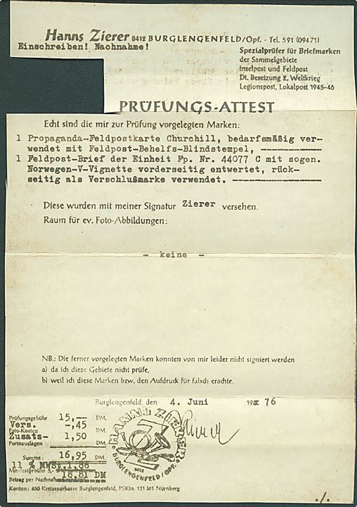 Feltpostbrev med V-Viktoria mærke annulleret med Feldpost d. 15.11.1941 til Beilngreis, Ostmark. Med Briefstempel fra feldpost-nr. 44077 C = 3. Kompanie Polizei-Bataillon 253 stationeret i Sydnorge. Attest H. Zierer.