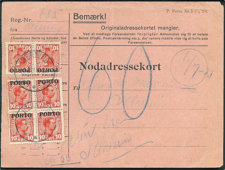 10 øre Chr. X Portoprovisorium i parstykke og fireblok som 60 øre returporto på Nødadressekort P. Form. Nr. 5 (1/1 20) for pakke stemplet Herning d. 8.7.1921.