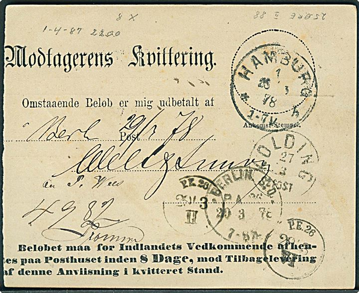 8 øre 10. tryk og 25 øre 2. tryk Tofarvet på 33 øre frank-eret Postanviisning annulleret med lapidar Aalborg d. 26.3.1878 via Kolding og Hamburg til Berlin, Tyskland.