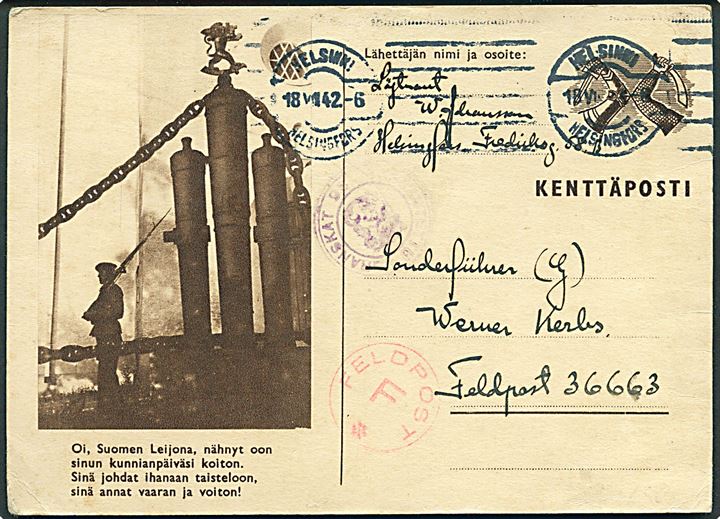 Illustreret Feltpostkort fra Helsingfors d. 18.7.1942 til Sonderführer Werner Kerbs ved tysk feltpost nr. 36663 (= Kommando 2. Gebirgs-Division i Lapland). Finsk censur og rødt dirigeringsstempel “Feldpost F”. Skrevet på svensk.