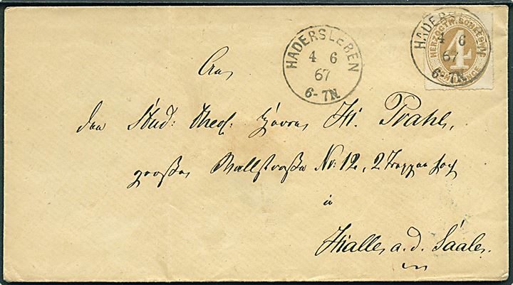 Herzogth. Schleswig 4 Sch. brun stukken kant single på brev annulleret med enringsstempel Hadersleben d. 4.6.1867 til Halle a. d. Saale. 
