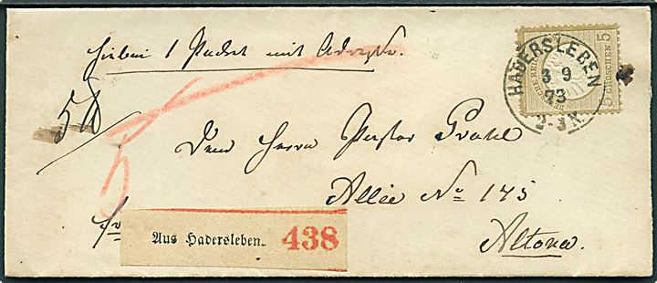 5 gr. Stort Brystskjold single på pakkefølgebrev for pakke annulleret med enringsstempel Hadersleben d. 3.9.1873 til Altona. God single frankatur. 