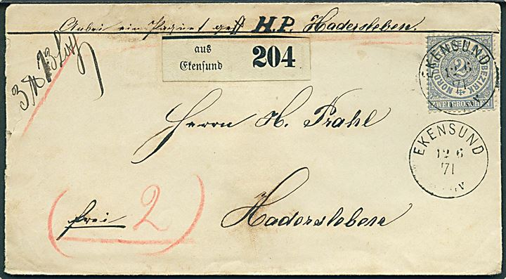 Norddeustcher Postbezirk 2 gr. single på pakkefølgebrev for pakke annulleret med enringsstempel Ekensund d. 12.6.1871 til Hadersleben.