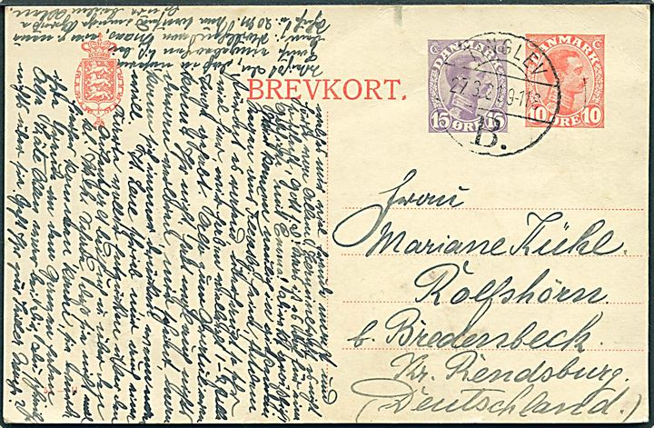 10+15 øre Chr. X provisorisk helsagsbrevkort (fabr. 57-H) annulleret med brotype Vb Tinglev B. d. 27.8.1921 til Rendsburg, Tyskland. Godt stempel som annullering.