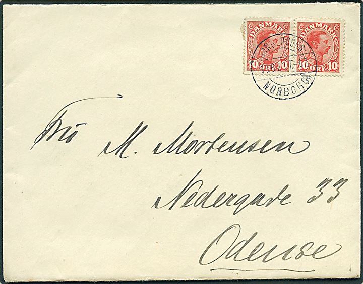 10 øre Chr. X i parstykke på brev fra Oksbøl annulleret med bureaustempel Sønderborg - Nørborg sn2 T.07 d. 18.6.1921 til Odense. Anvendt 1 måned senere end angivet i DAKA.