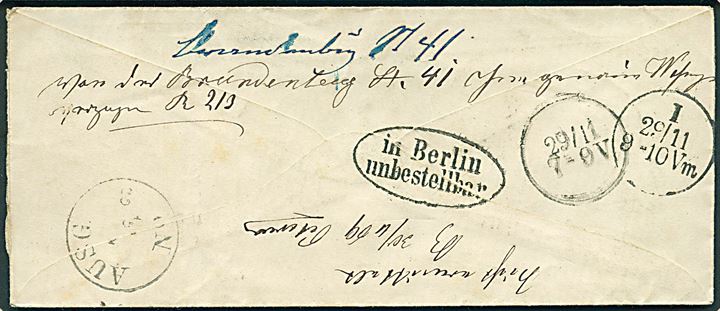 Norddeutscher Postbezirk 1 gr. på brev annulleret med enringsstempel Hadersleben d. 27.11.1869 til Berlin. Retur med flere påtegninger og ovalt stempel: “In Berlin unbestellbar”. 