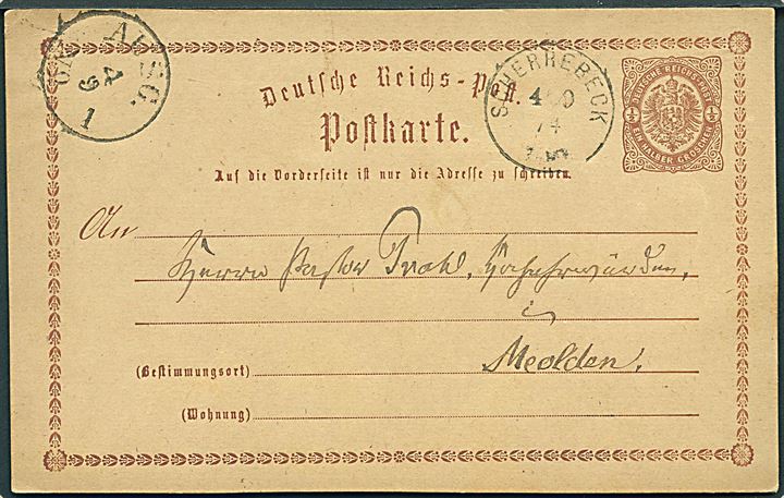 ½ gr. lokalt helsagsbrevkort dateret Wodder d. 2.9.1874 stemplet Scherrebeck d. 4.9.1874 til Meolden pr. Scherrebeck. 