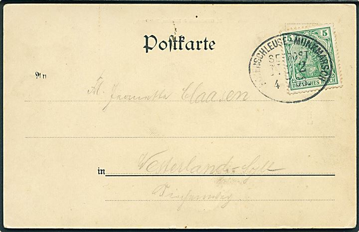 5 pfg. Germania på brevkort annulleret med skibsstempel Hoyerschleuse-Munkmarsch Seepost No. 2 d. 4.7.1903 til Westerland på Sylt. Meget sjældent stempel!