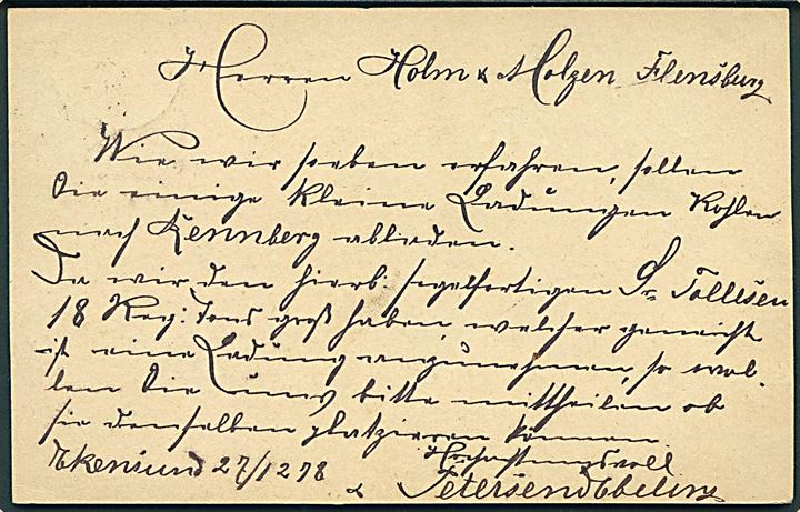 5 pfg. helsagsbrevkort fra Ekensund annulleret med enringsstempel Gravenstein i. Schleswig d. 27.12.1878 til Flensburg. Sjældent stempel. DAKA 2500,-