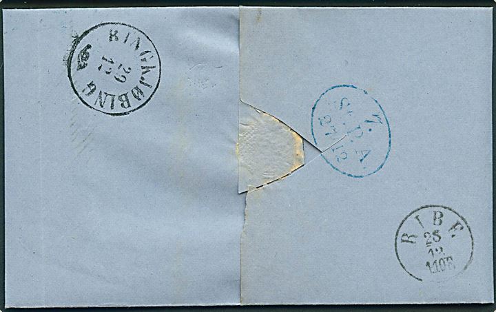 Hamburg. 1 1/4 sch. stukken kant i vandret parstykke på 2½ sch. frankeret brev annulleret St. P. A. Hamburg d. 27.12.1866 via Ribe til Ringkjøbing, Danmark. 
