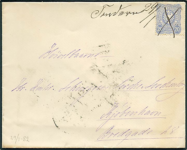 20 pfg. Adler på brev annulleret med blækkryds og håndskrevet bynavn “Tondern 19/1” til Kjøbenhavn. På bagsiden anklstemplet K. OMB. 3 d. 30.1.1882. Ca. 1½ år senere end registreret i Daka.