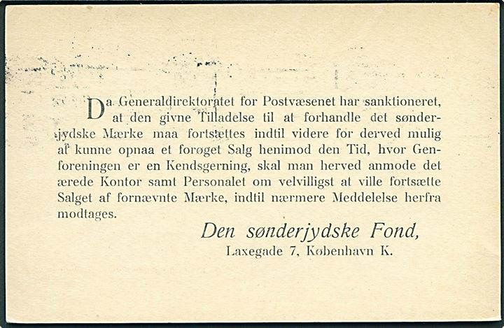 7 øre Chr. X helsagsbrevkort (fabr. 47-C) med fortrykt meddelelse fra “Den sønderjydske Fond” fra København d. 26.6.1919 til posthuset i Rønnede. Meddelelse vedr. fortsat salg af “Sønderjydsk Fond” mærker på posthuse.