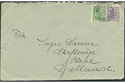 5 øre og 15 øre Chr. X på brev annulleret med bureau-stempel Sønderborg - Nørborg sn1 T.3 d. 24.8.1920 til Rude på Sjælland.