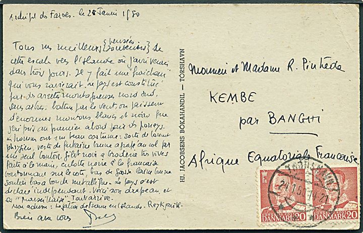 20 øre Fr. IX i parstykke på brevkort (Færøsk Flag) fra Thorshavn d. 24.1.1950 til Kembe par Bangui i Afrique Équatoriale Française. Enestående destination.