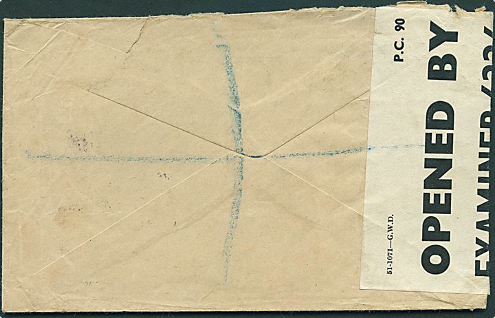 25 øre Karavel (par) og 20 øre Vitus Bering på 70 øre frankeret anbefalet brev fra Thorshavn d. 17.1.1942 til Inverness, Scotland. Åbnet af britisk censur PC90/6226. Et mærke defekt.