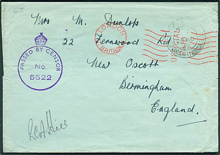 Ufrankeret OAS feltpostbrev stemplet Field Post Office 611 (= RAF Vagur) d. 23.8.1943 til Birmingham, England. Transit stemplet “London Gt. Britain / Official Paid”. Violet Army censor type A5 No. 5522.