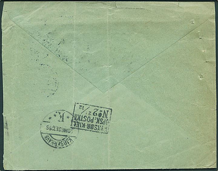 20 öre Oscar II på brev fra Malmö d. 27.2.1899 til København. Fejldirigeret med transitstemplet “Korsør -Kiel DPSK:POSTKT No. 2” d. 27.12.1899 på for- og bagside. Lodret fold. 