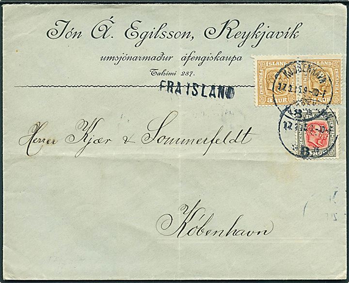 3 aur (par) og 4 aur To Konger på brev fra Reykjavik annulleret Kjøbenhavn B. d. 17.9.1917 og sidestemplet “Fra Island” til København. Direkte skibspost. Folder.