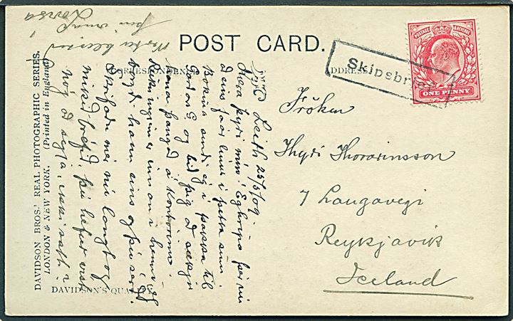 Engelsk 1d Edward VII på brevkort (Edinburgh) dateret i Leith d. 25.5.1909 og annulleret med islandsk skibs-stemepel “Skipsbrjef” til Reykjavik, Island. Stempel benyttet i Reykjavik i perioden 1902-1913.