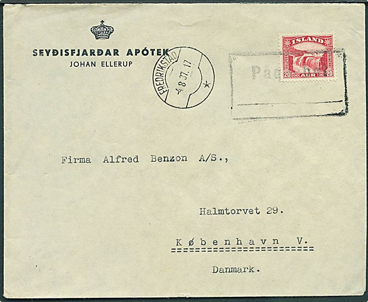 20 aur Gullfoss på fortrykt kuvert fra Seydisfjördur annulleret med norsk skibsstempel “Paquebot” og sidestemplet Frederiksted d. 4.8.1937 til København, Danmark. 