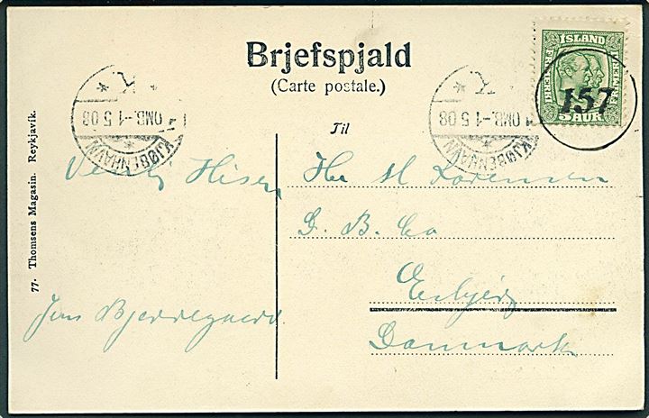 5 aur To Konger på brevkort (Bóndabær) annulleret med nr.stempel “157” (= Hafnarfjördur) via Kjøbenhavn d. 1.5.1908 til Esbjerg. Flot kvalitet. Daka 2500,-