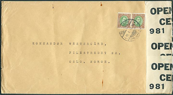 25 aur Chr. X i vandret parstykke på 2. vægtkl. brev fra Reykjavik d. 16.1.1940 til Oslo, Norge. Brevet åbnet af britisk censur PC66/981. God anvendelse af den nye norden-takst pr. 1.1.1940.