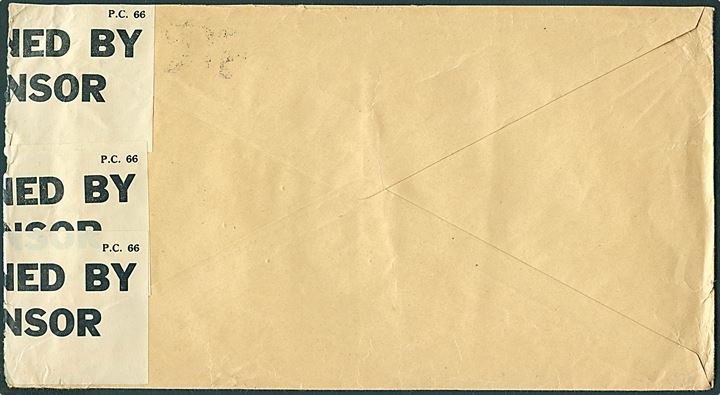 25 aur Chr. X i vandret parstykke på 2. vægtkl. brev fra Reykjavik d. 16.1.1940 til Oslo, Norge. Brevet åbnet af britisk censur PC66/981. God anvendelse af den nye norden-takst pr. 1.1.1940.