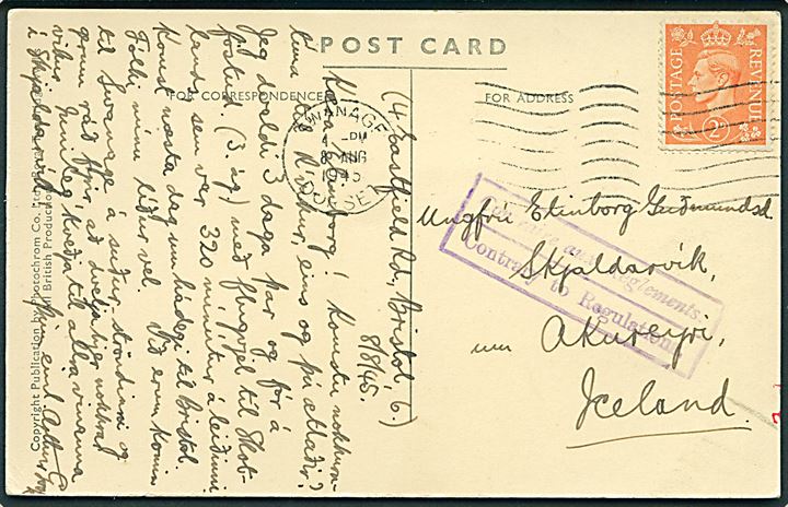 2d George VI på brevkort (Swanage Globe) stemplet i Swanage Dorset d. 8.8.1945 til Skjaldarvik pr. Akureyri, Island. Retur med 2-sproget stempel: “Contrary to Regulations.” pga. forbud mod at sende fotopostkort til udlandet. Sjælden set til Island.