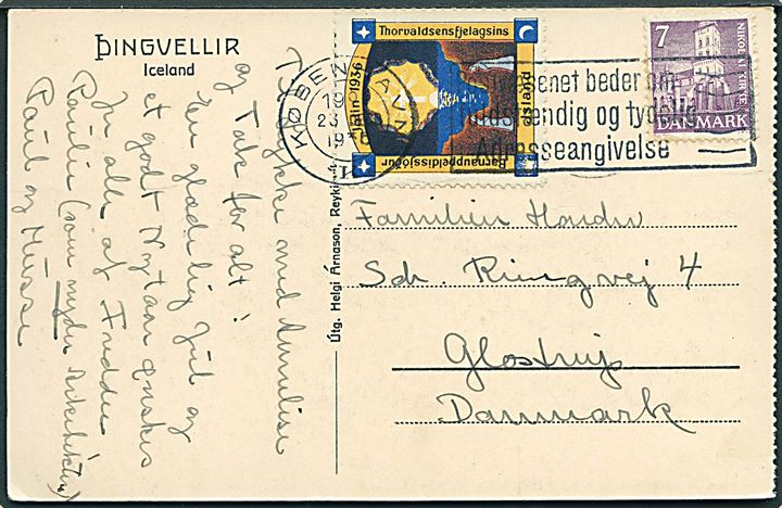 7 øre Nikolai kirke og islandsk Thorvaldsen Forening Julemærke 1936 på lokalt brevkort fra København d. 23.12.1936 til Glostrup. Interessant brug i Danmark.
