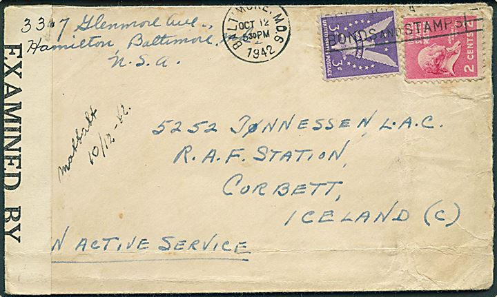 5 cents på OAS brev fra Baltimore d. 12.10.1942 til norsk L.A.C. 5252 Tønnessen, RAF Station Corbett, Iceland (C). Den norske 330 Squadron RAF var stationeret i Camp Corbett ved Reykjavik i perioden 25.4.41-23.1.43. Påskrevet “Mottatt 10/12-42” på norsk. US Censor 6675.