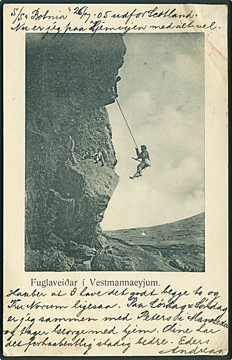 10 aur Chr. IX på brevkort (Vestmannaøerne med fugle-fanger) dateret S/S “Botnia” udfor Scotland d. 26.7.1905 og annulleret Leith d. 27.7.1905 og sidestemplet sort “Paquebot” til Roenland pr. Randsfjord, Norge.