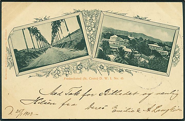 1 cent Våben i par på brevkort (Frederiksted, St. Croix. Moravian no. 45) stemplet Frederiksted d. 25.1.1903 via St. Thomas til Kjøbenhavn, Danmark.