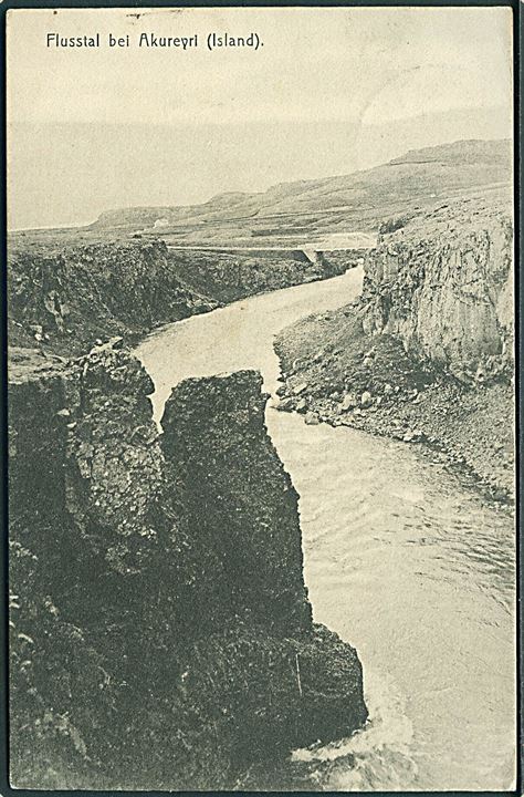 10 aur To Konger på brevkort (Flusstal bei Akureyri) annulleret Reykjavik d. 12.7.1910 via Ardrossan i Scotland d. 18.7.1910 til Litchfield, USA. Usædvanlig dirigering.
